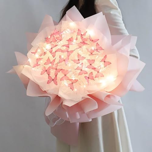 CHENRI DIY Butterfly Bouquet Gift Kit Set, 33 Kreativer Schmetterlingsstrauß, DIY Künstlicher Blumenstrauß mit Licht, Blumenstrauß Zubehör DIY Blumen Unvollendete Material Kit für Valentinstag (Rosa) von CHENRI