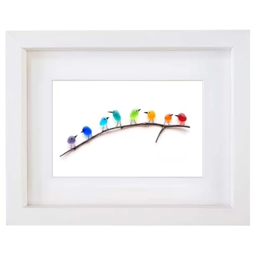 CHENRI Sea Glass Rainbow Bird Ornament, Seeglas-Regenbogenvögel, Vögel auf Zweig Wandskulptur, Vögel Wanddekoration, Modern Wandbilder Dekoration, Vögel Wanddeko für Schlafzimmer Wohnzimmer (Weiß, S) von CHENRI