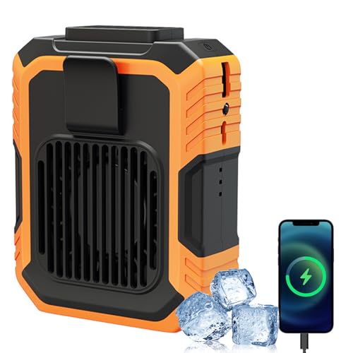 CHENRI Work Fan, Clip-On-Ventilator mit 3 Geschwindigkeiten, Tragbarer Taille-Ventilator mit Taschenlampe & Powerbank, Wiederaufladbarer persönlicher Kühlventilator für Wandern, Outdoor (Orange) von CHENRI