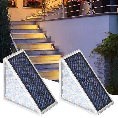 Curb Appeal Lights, Dreieckige Solar Stufenleuchte, Solarlampen für außen, Solar Treppe Lampe, Automatischer Ein/Aus Solar Zaun Licht, Wasserdichte LED Wandleuchte für Garten Treppe (Warm-2PCS) von CHENRI