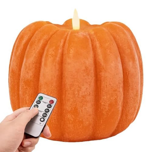 Flickering Pumpkin Candle, Flackernde Kürbiskerze, Halloween Flammenloses LED-Kerze mit Fernbedienung und Timer, Leuchtende Wachs Kürbis LED Kerze, Herbstdekoration für Hause (Orange) von CHENRI