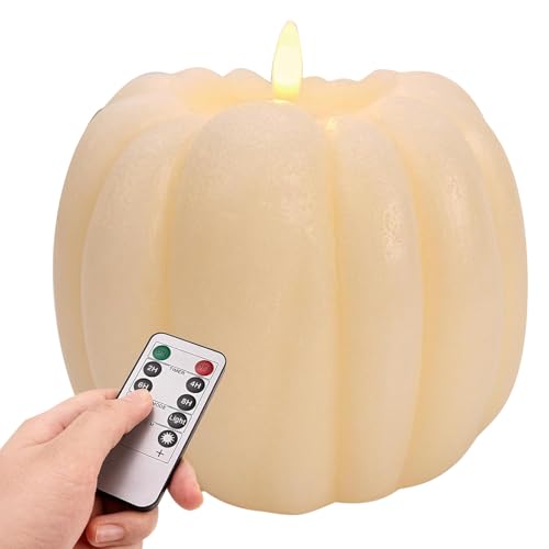 Flickering Pumpkin Candle, Flackernde Kürbiskerze, Halloween Flammenloses LED-Kerze mit Fernbedienung und Timer, Leuchtende Wachs Kürbis LED Kerze, Herbstdekoration für Hause (Weiß) von CHENRI
