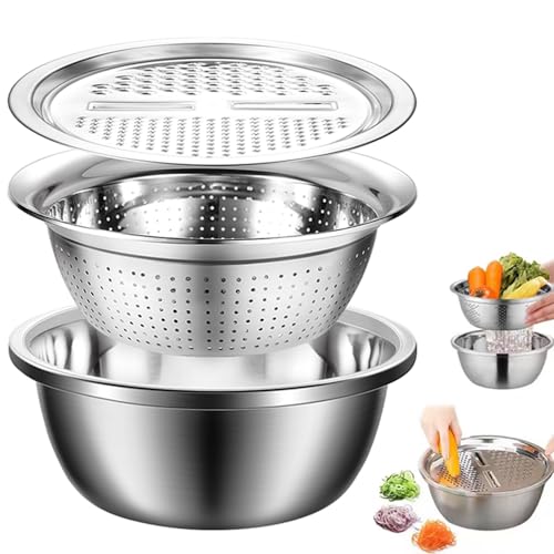 Gradientiscolor Multifunctional Tainless Steel Basin, 3teilig Sieb Edelstahl Schüssel mit Reibe Set, Rührschüssel, Salatschüssel, Servierschüssel, Multifunktions-Edelstahlbecken für Küche (24cm) von CHENRI