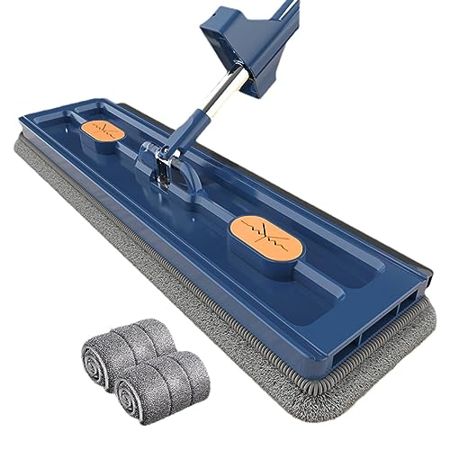 Großer Flachmopp im neuen Stil, Wischmopp mit Auswringfunktion, 360° Drehbarer Flacher Mikrofaser Wischmopp, Edelstahl-Langstiel Bodenwischer Set, Breit Flach Wischmopp mit 2 Mikrofaserpads (Blau) von CHENRI