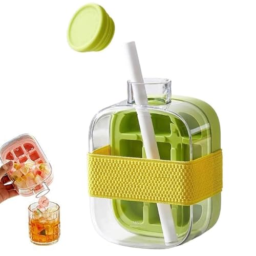 Ice Cube Bottle, Eiswürfelflasche, 2 in 1 Eiswürfelbehälter Wasserflasche mit Deckel und Behälter, einfaches Drücken, um das Eis zu lösen, Eiswürfelform für Getränke, Kaffee, Saft (500ml-Grün) von CHENRI