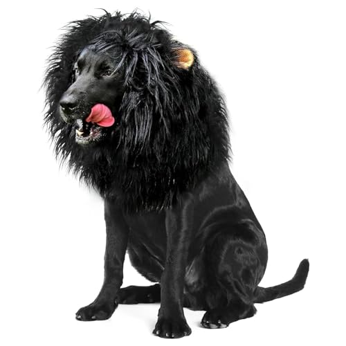 Lion Mane for Dog, Löwe Mähne für Hund, Verstellbar Hundekostüm Löwenmähne mit Ohren, Lustige Hunde Perücke für Hundekostüm, Löwe Mähne Haustierkostüme für Hund und Katze (Schwarz, 37cm) von CHENRI