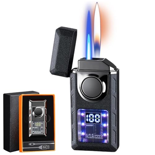 Multi-Funktionales Doppelflammen Feuerzeug Mit Farbigen Lichtern, Intelligente Jetflamme Mit Einstellbarer Flamme, Nachfüllbares Butan-Geschenk für Männer (S02) von CHENRI