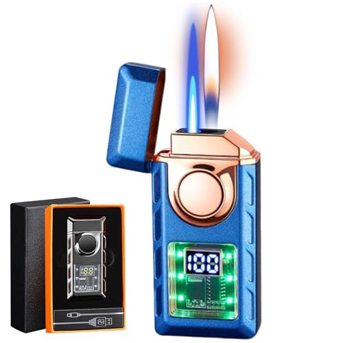Multi-Funktionales Doppelflammen Feuerzeug Mit Farbigen Lichtern, Intelligente Jetflamme Mit Einstellbarer Flamme, Nachfüllbares Butan-Feuerzeug Geschenk für Männer (Blau) Multi-Funktionales Doppelflammen Feuerzeug Mit Farbigen Lichtern, Intelligente Jetflamme Mit Einstellbarer Flamme, Nachfüllbares Butan-Feuerzeug Geschenk für Männer (Blau) von CHENRI