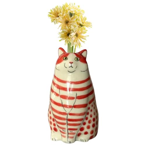 Polka Dot Cat Vase Cat Lover Gift, Polka Dot Katze Vase Katzenliebhaber Geschenk, Lustige Niedliche Katze Vase, Handgefertigte Katze Statue Vase, Moderne Mini Blumentöpfe für Haus Büro Dekor (Rot) von CHENRI