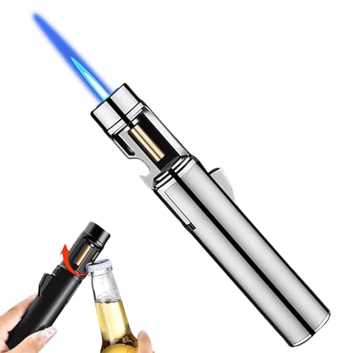 Airbrush Windproof Lighter, 2 in 1 Jetflamme Feuerzeug, Winddicht Langes Stabfeuerzeug mit Flaschenöffner, Einstellbare Flamme Gas Nachfüllbar Sturmfeuerzeug für Küche, Grill (Ohne Gas) (Silber) von CHENRI