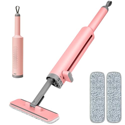 Rotatable Self-Squeeze Mini Mop with Crevice Brush, 3 in 1 Mikrofaser Bodenwischer mit Abzieher und Fugenbürste, 180° Drehbarer Wischmopp mit Auswringfunktion, Handfreier Flachmopp für Haus (Rosa) von CHENRI