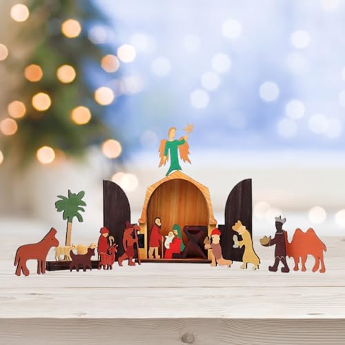 The Christmas Story Unique Nativity Set Wooden Nativity Scene, Weihnachtskrippe Figuren, Krippe Weihnachten Figuren, Holz Krippenfiguren Set, Krippe Figuren Tischkrippen für die Weihnachts-Dekoration von CHENRI