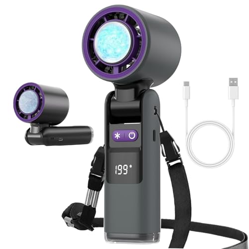Tragbarer Multifunktions-Turbo-Eiskühlventilator, Handventilator mit Turbo-Lüfter und Eiskühlung, 199 Stufen Handventilator Aufladbar, Faltbar Ventilator für Reise, Camping und Outdoor (Schwarz) von CHENRI