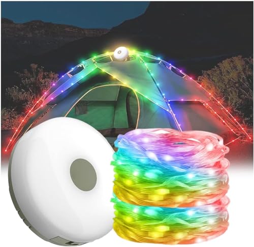 Wasserdichte tragbare verstaubare Lichterkette für den Außenbereich, 2 in 1 LED Lichterkette Außen, Wiederaufladbare Campinglampe, Einziehbare LED Zeltleuchte für Outdoor Camping Hof Dekor (10M, Bunt) von CHENRI