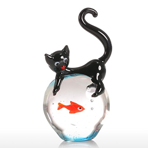 CHENTON Katze und Goldfisch Geschenk Glas Ornament Tierfigur mundgeblasen Heimdekoration Schwarz & Rot von CHENTON
