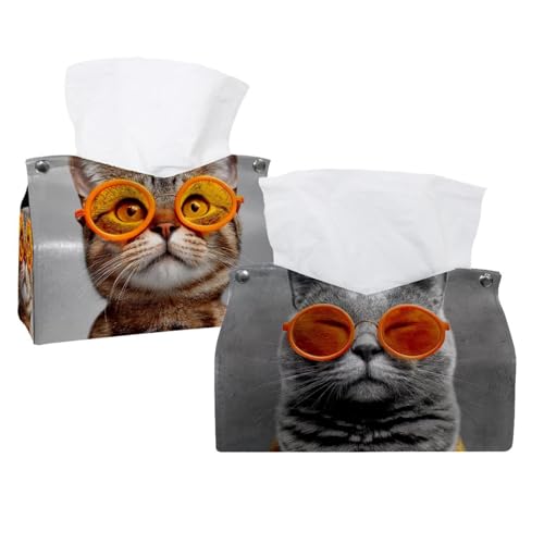2 Stück coole Katze mit orangefarbenen runden Brillen (1) Taschentuchbox Abdeckung Leder Taschentuchhalter Gesichtstücheretui Papier-Organizer für Badezimmer, Schminktisch, Arbeitsplatte, Auto von CHENZZZZ