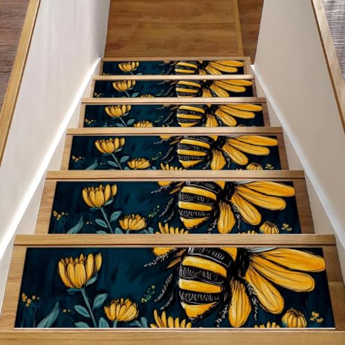 CHENZZZZ 15 Happy Bee Blumen (1) Treppenstufen-Teppich, rutschfest, Sicherheitsläufer für Holzstufen, Innenbereich, widerstandsfähige Matte für Kinder und Hunde von CHENZZZZ
