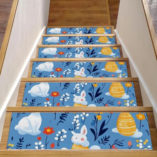 CHENZZZZ 15 Ostereier Blumen Treppenstufen Teppich rutschfest Sicherheitsläufer Teppich für Holzstufen Indoor Resistent Matte für Kinder Hunde von CHENZZZZ