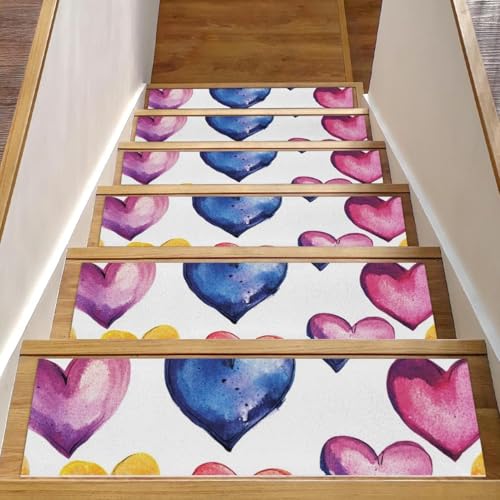 CHENZZZZ 15 Stück Aquarell-Herz-Teppich-Stufenmatten für Holzstufen im Innenbereich, rutschfeste Treppenstufen, Stufenmatten für Haustiere, Kinder und ältere Menschen von CHENZZZZ