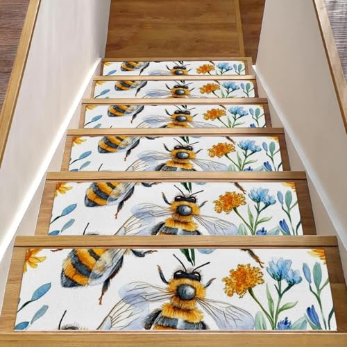 CHENZZZZ 15 Stück Bienenblumen-Teppich-Stufenmatten für Holzstufen im Innenbereich, rutschfeste Treppenstufen, Stufenmatten für Haustiere, Kinder und ältere Menschen von CHENZZZZ