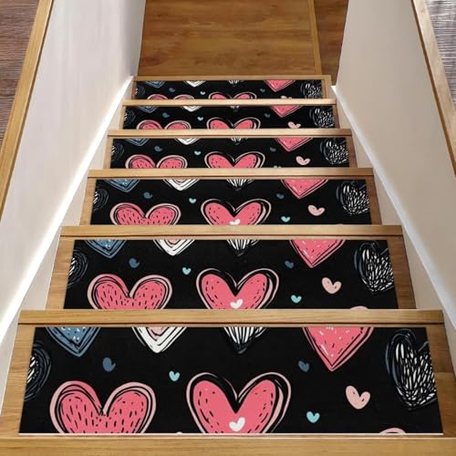 CHENZZZZ 15 Stück Stufenmatten 20,3 x 76,2 cm, Valentinstags-Herzen (4) Indoor-Treppenläufer, Teppich, Treppenstufen, Wasserfarben, rutschfeste Stufenmatten für Kinder, ältere Menschen, Haustiere von CHENZZZZ