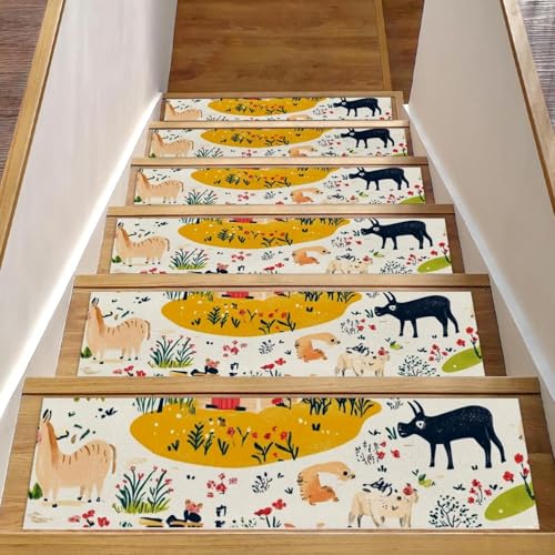CHENZZZZ 15 Stufenmatten mit Bauernhof-Cartoon-Muster, rutschfest, Sicherheitsläufer für Holzstufen, für den Innenbereich, widerstandsfähige Matte für Kinder und Hunde von CHENZZZZ