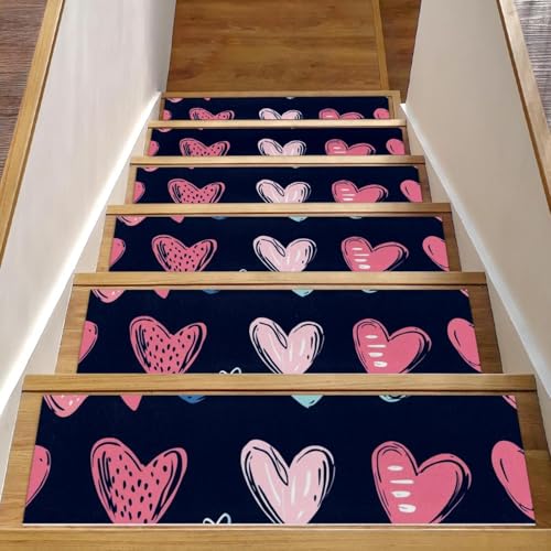 CHENZZZZ 15 handgezeichnete Kritzelei-Herzen, Treppenstufen, Teppich, rutschfest, Sicherheitsläufer, Teppich für Holzstufen, Innenbereich, widerstandsfähige Matte für Kinder und Hunde von CHENZZZZ