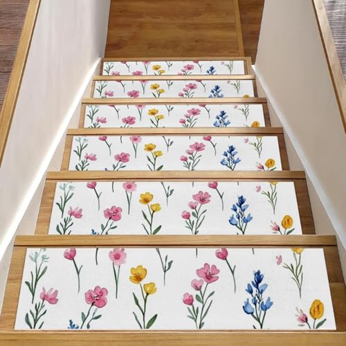 CHENZZZZ 15 kleine winzige Wildblumen (6) Treppenstufen, Teppich, rutschfest, Sicherheitsläufer für Holzstufen, Innenbereich, widerstandsfähige Matte für Kinder und Hunde von CHENZZZZ