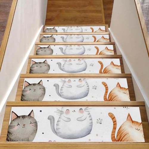 CHENZZZZ 15 niedliche Cartoon-Katzen (2) Stufenmatten Teppich, rutschfest, Sicherheitsläufer für Holzstufen, Innenbereich, widerstandsfähige Matte für Kinder und Hunde von CHENZZZZ