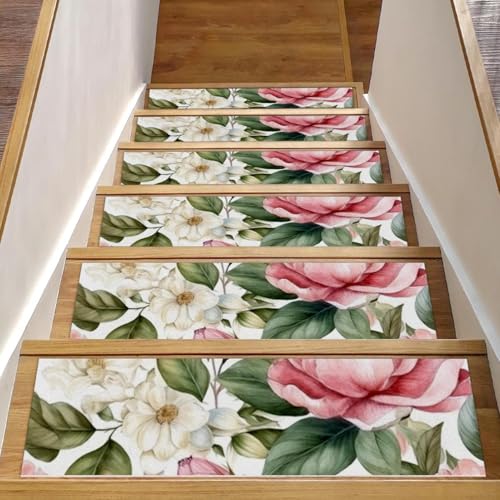 CHENZZZZ 15 rosa Blumen mit Blättern, Treppenstufen, Teppich, rutschfest, Sicherheitsläufer für Holzstufen, Innenbereich, widerstandsfähige Matte für Kinder und Hunde von CHENZZZZ