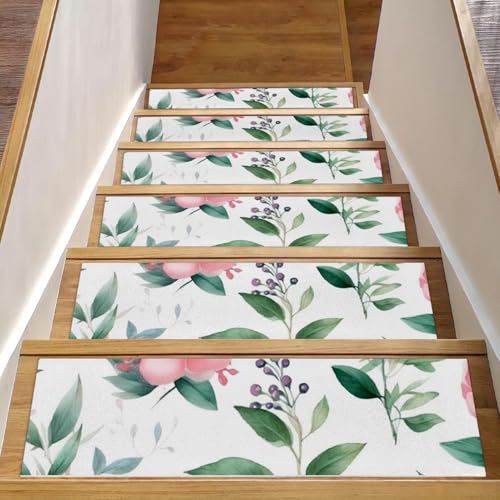 CHENZZZZ 15 rosa Blumen mit Blättern, Treppenstufen, Teppich, rutschfest, Sicherheitsläufer für Holzstufen, Innenbereich, widerstandsfähige Matte für Kinder und Hunde von CHENZZZZ