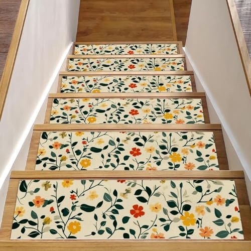 CHENZZZZ Blumenteppich, rutschfest, 20,3 x 76,2 cm, Treppenläufer für Holzstufen im Innenbereich, widerstandsfähiger Treppenläufer mit wiederverwendbarer, rückstandsfreier Matte für ältere und von CHENZZZZ