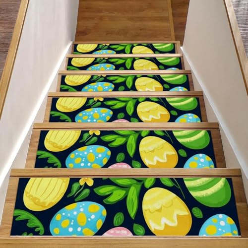 CHENZZZZ Bunte Treppenmatten mit Ostereiern und Blumen, für Holzstufen, 20,3 x 76,2 cm, rutschfester Teppich, Treppenstufen, waschbar, Treppenläufer für Kinder, ältere Hunde, 15 Stück von CHENZZZZ
