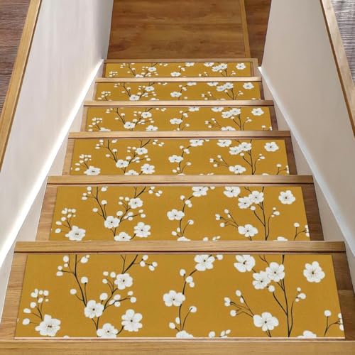 CHENZZZZ Einfacher Vintage-Teppich mit kleiner weißer Blume (1) rutschfest, 20,3 x 76,2 cm, Treppenläufer für Holzstufen im Innenbereich, widerstandsfähiger Treppenläufer mit wiederverwendbarer von CHENZZZZ