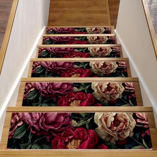 CHENZZZZ Florals rutschfeste Teppichmatte, 76,2 x 20,3 cm, für Innenbereich, Treppenläufer für Holzstufen, Treppenläufer für Kinder und Hunde, 6 Stück von CHENZZZZ