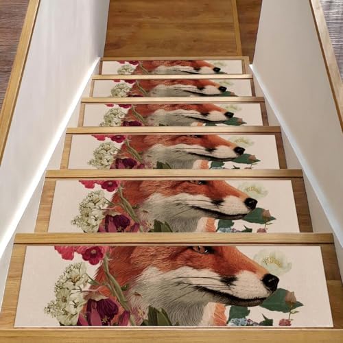 CHENZZZZ Fox Floral (3) Teppich-Stufenmatten für Holzstufen im Innenbereich, Treppenläufer für Haustiere, rutschfeste Holztreppenstufen, wiederverwendbar, 15 Stück von CHENZZZZ