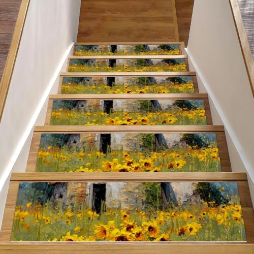 CHENZZZZ Rustikale Stufenmatten im Bauernhaus-Sonnenblumen-Design für Holzstufen, Innenbereich, Teppich, 15 Stück, zum Abziehen und Aufkleben, waschbar, 76,2 x 20,3 cm CHENZZZZ Rustikale Stufenmatten im Bauernhaus-Sonnenblumen-Design für Holzstufen, Innenbereich, Teppich, 15 Stück, zum Abziehen und Aufkleben, waschbar, 76,2 x 20,3 cm von CHENZZZZ