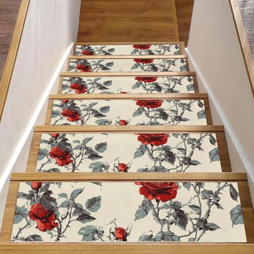 CHENZZZZ Rutschfeste Stufenmatten für Holzstufen im Innenbereich, 20,3 x 76,2 cm, Blumenmuster, rote Rosen, Teppichmatten für Holztreppen, Treppenstufen, Stufenmatten für Kinder und Hunde von CHENZZZZ