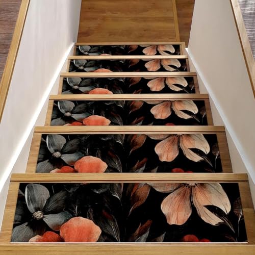 CHENZZZZ Rutschfeste Stufenmatten für Holzstufen im Innenbereich, 20,3 x 76,2 cm, Schwarz, Bohemian-Blumenmuster (1) Teppichmatten für Holztreppen, Treppenstufen, Stufenmatten für Kinder und Hunde von CHENZZZZ
