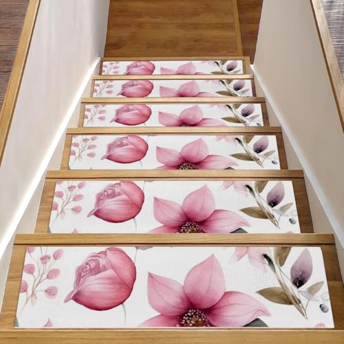 CHENZZZZ Rutschfeste Stufenmatten für Holzstufen im Innenbereich, 20,3 x 76,2 cm, rosa Blumen mit Blättern, Teppichmatten für Holztreppen, Treppenstufen, Stufenmatten für Kinder und Hunde CHENZZZZ Rutschfeste Stufenmatten für Holzstufen im Innenbereich, 20,3 x 76,2 cm, rosa Blumen mit Blättern, Teppichmatten für Holztreppen, Treppenstufen, Stufenmatten für Kinder und Hunde von CHENZZZZ
