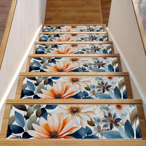 CHENZZZZ Rutschfeste Teppichmatte mit Blumen und grünen Blättern, 76,2 x 20,3 cm, Treppenläufer für Holzstufen, Treppenläufer für Kinder und Hunde von CHENZZZZ