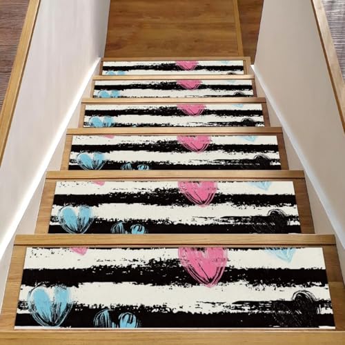 CHENZZZZ Rutschfeste Teppichmatte mit Herzen und Streifen, 76,2 x 20,3 cm, für Holzstufen, Treppenläufer für Kinder und Hunde, 3 Stück von CHENZZZZ