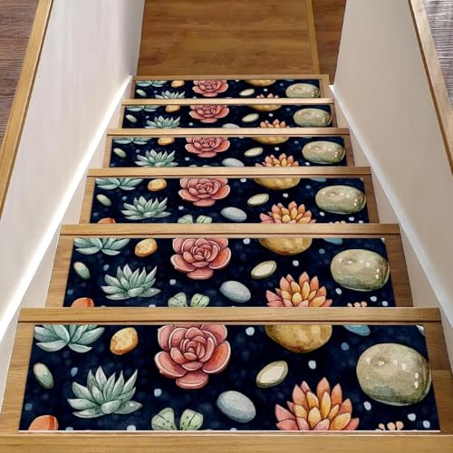 CHENZZZZ Selbstklebende Stufenmatten für den Innenbereich, rückstandsfrei, maschinenwaschbar, wiederverwendbar, rutschfest, Kaktus, Blumen, Steine, 15 Stück, 76,2 x 20,3 cm von CHENZZZZ