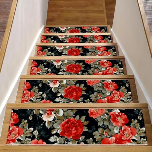 CHENZZZZ Selbstklebende Stufenmatten für den Innenbereich, rückstandsfrei, maschinenwaschbar, wiederverwendbar, rutschfeste Stufen, Blumenmuster, rote Rosen, 15 Stück, 76,2 x 20,3 cm von CHENZZZZ