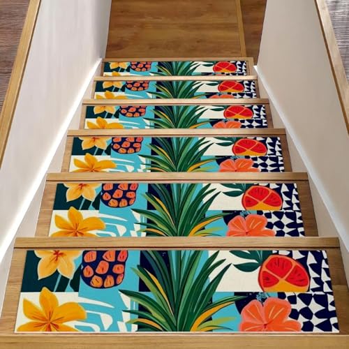 CHENZZZZ Selbstklebende Stufenmatten für den Innenbereich, rückstandsfrei, maschinenwaschbar, wiederverwendbar, rutschfeste Stufen, niedlicher Dschungel, Palme, gerahmt, Blumen, Vase, Lebensmittel von CHENZZZZ
