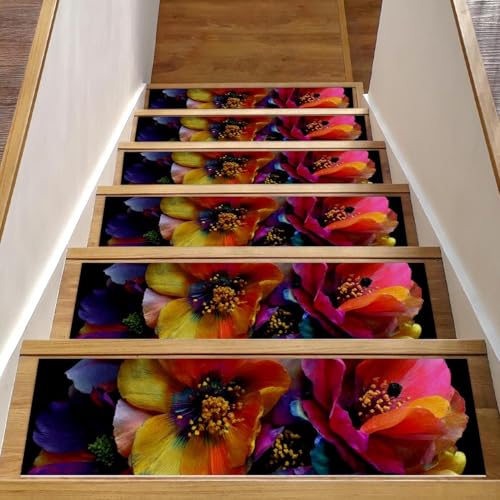 CHENZZZZ Stufenmatten für Holzstufen, 15 Stück, zum Abziehen und Aufkleben, waschbar, 76,2 x 20,3 cm, bunte Blumen (2) von CHENZZZZ