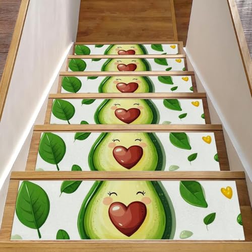 CHENZZZZ Stufenmatten für Holzstufen, 20,3 x 76,2 cm, rutschfest, waschbar, für Kinder, ältere Hunde, Avocadoblätter, Herz, 3 Stück von CHENZZZZ