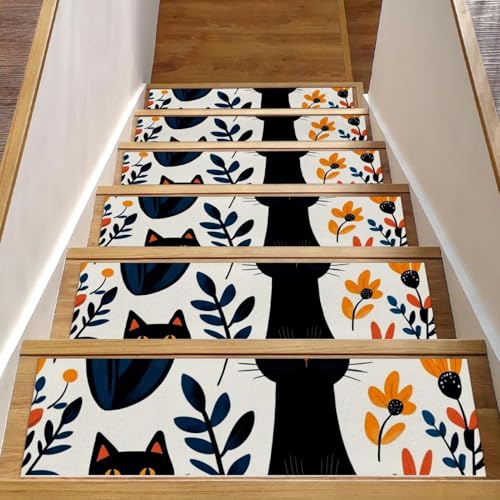 CHENZZZZ Stufenmatten für Holzstufen, rutschfeste Treppenstufen, Teppichmatte, niedliche schwarze Katzen, Blumen, 1 Stück, für Haustiere, Hunde, ältere Menschen, 20,3 x 76,2 cm, 15 Stück CHENZZZZ Stufenmatten für Holzstufen, rutschfeste Treppenstufen, Teppichmatte, niedliche schwarze Katzen, Blumen, 1 Stück, für Haustiere, Hunde, ältere Menschen, 20,3 x 76,2 cm, 15 Stück von CHENZZZZ