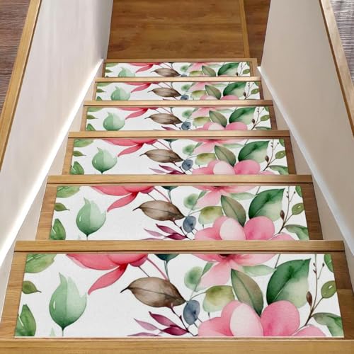 CHENZZZZ Stufenmatten für Holzstufen, rutschfeste Treppenstufen, Teppichmatte, rosa Blumen mit Blättern, für Haustiere, Hunde, ältere Menschen, 20,3 x 76,2 cm, 15 Stück von CHENZZZZ