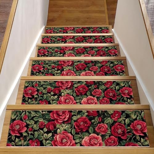 CHENZZZZ Stufenmatten für Holzstufen im Innenbereich, Treppenstufen, rutschfester Teppich, Treppenläufer für Kinder, ältere Hunde, Haustiere, Blumenmuster, rote Rosen, waschbar, 15 Stück von CHENZZZZ